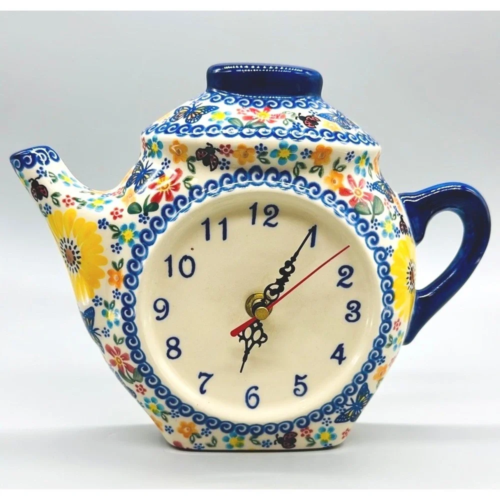 Polish Pottery Teapot Kettle Wall Mantle Clock Floral Butterfly Alla Volta